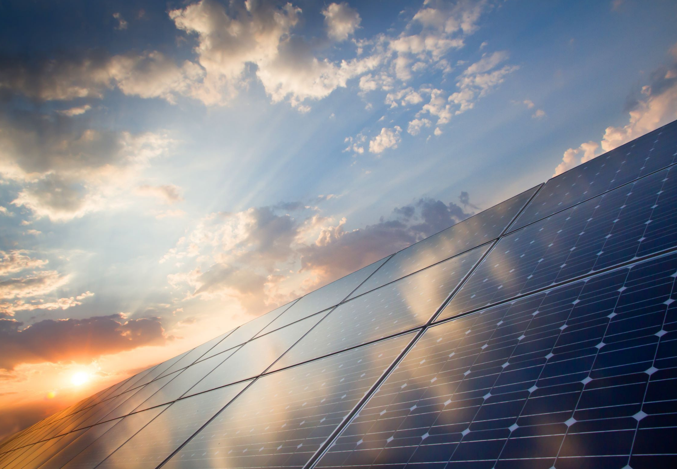 Clean solar panels at sunset